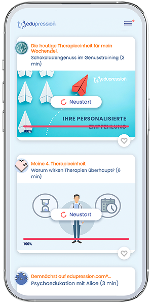 Screenshot of 2 therapy contents in the edupression app: a video on the topic of "Pleasure training" and another video on the question "Why do therapies work at all?"
