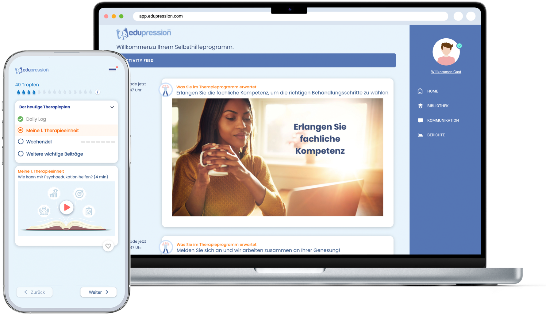 Illustration of a smartphone and laptop showing images of the app.